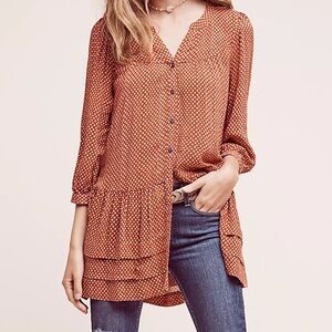 HOLDING HORSES Pavin Terracotta Patterned Tiered Pockets Tunic Button Down Top